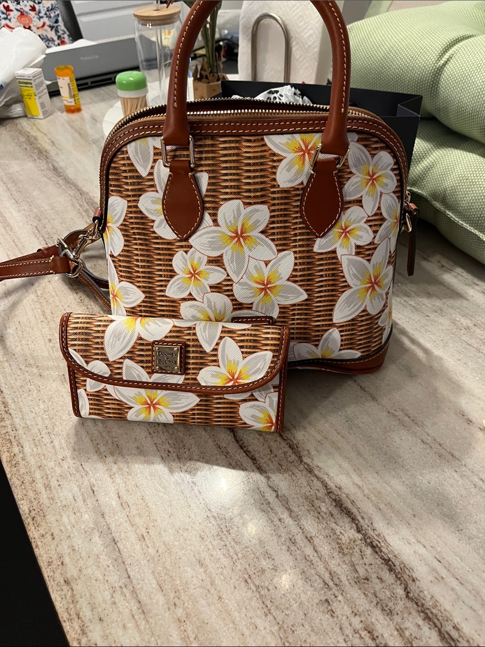 Dooney & Bourke Brown Wicker Satchel with White and Yellow Floral Print